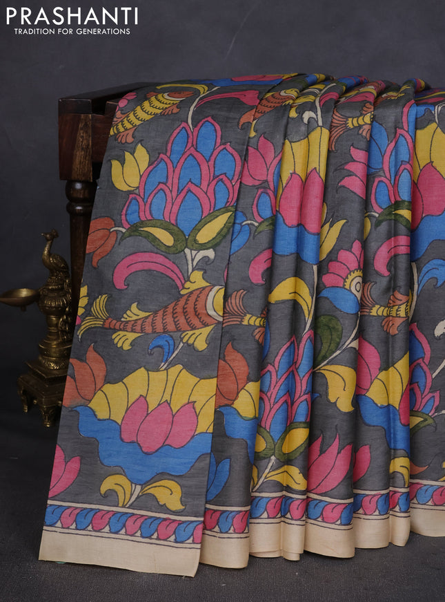 Pure tussar silk saree grey and cream with allover pen kalamkari prints and printed border