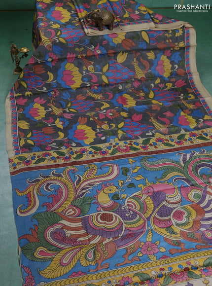 Pure tussar silk saree grey and cream with allover pen kalamkari prints and printed border