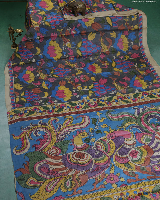 Pure tussar silk saree grey and cream with allover pen kalamkari prints and printed border