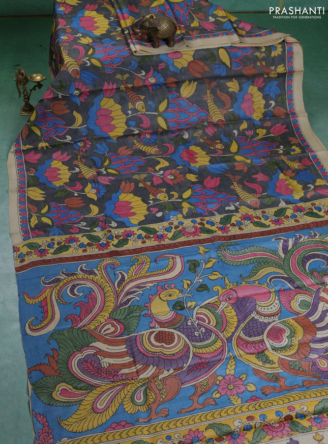 Pure tussar silk saree grey and cream with allover pen kalamkari prints and printed border