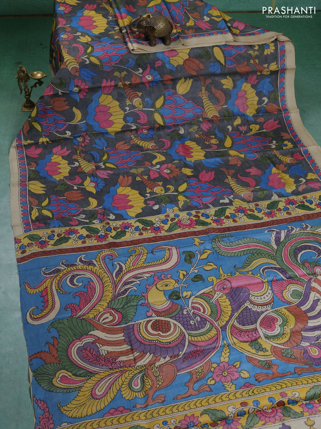 Pure tussar silk saree grey and cream with allover pen kalamkari prints and printed border