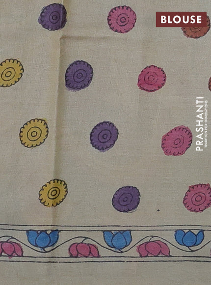 Pure tussar silk saree grey and cream with allover pen kalamkari prints and printed border