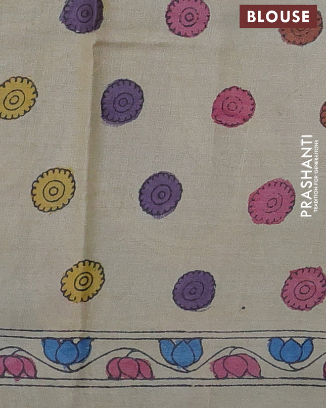 Pure tussar silk saree grey and cream with allover pen kalamkari prints and printed border