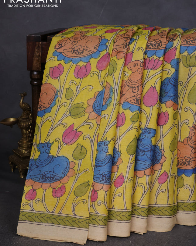 Pure tussar silk saree lime yellow and cream with allover pen kalamkari prints and printed border