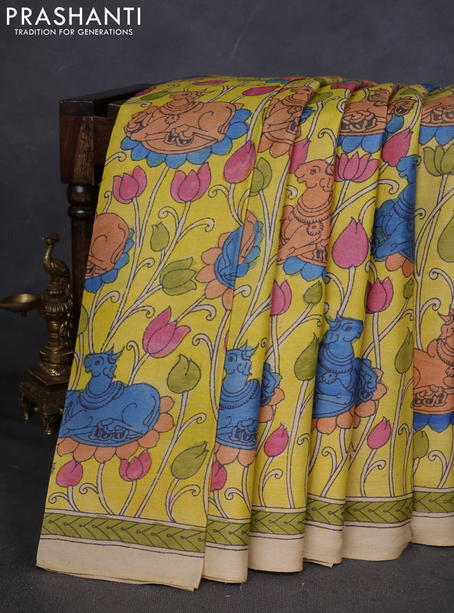 Pure tussar silk saree lime yellow and cream with allover pen kalamkari prints and printed border