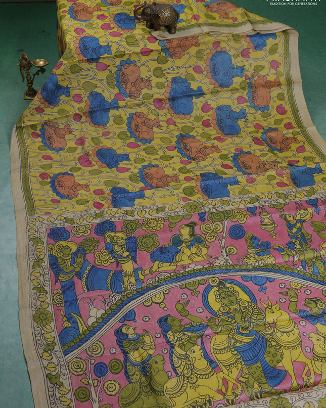 Pure tussar silk saree lime yellow and cream with allover pen kalamkari prints and printed border
