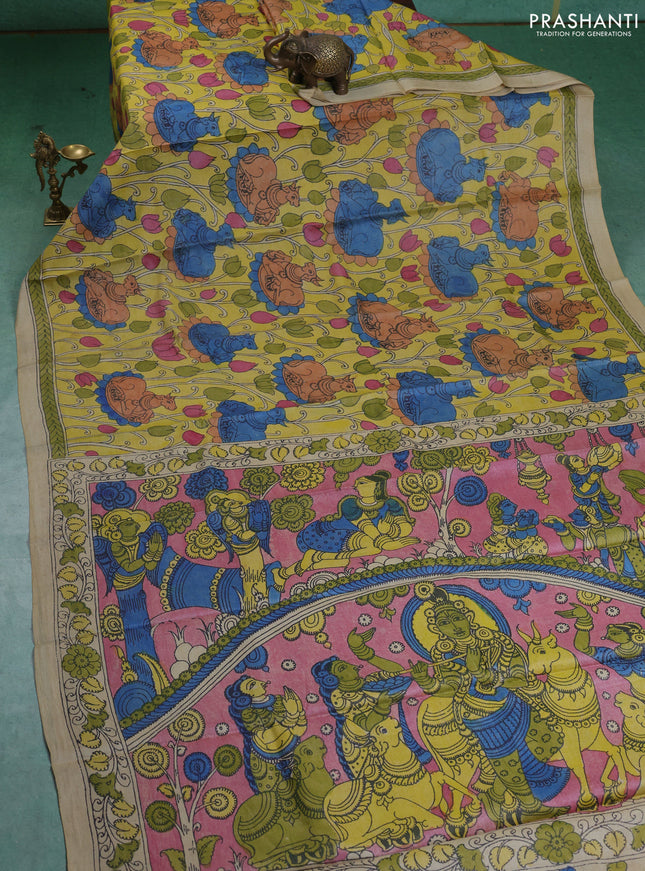 Pure tussar silk saree lime yellow and cream with allover pen kalamkari prints and printed border