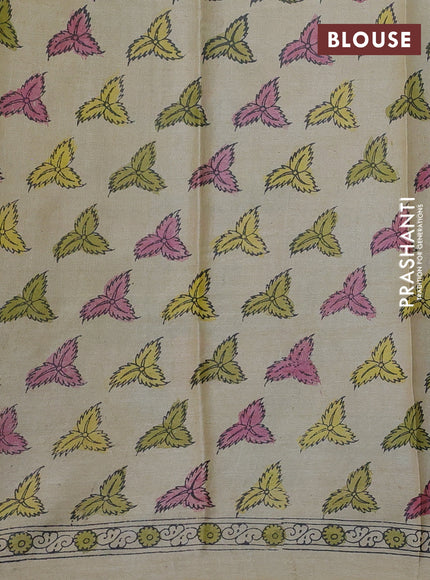Pure tussar silk saree lime yellow and cream with allover pen kalamkari prints and printed border