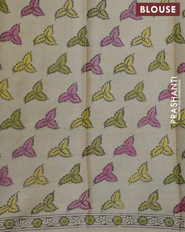 Pure tussar silk saree lime yellow and cream with allover pen kalamkari prints and printed border