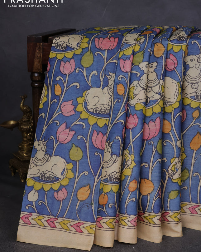 Pure tussar silk saree blue and beige with allover pen kalamkari prints and printed border
