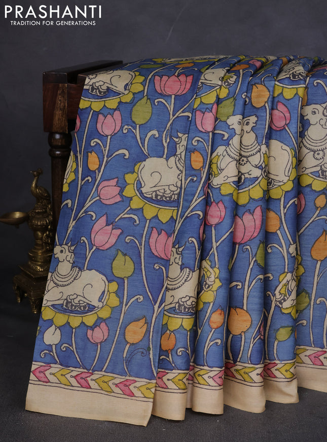 Pure tussar silk saree blue and beige with allover pen kalamkari prints and printed border