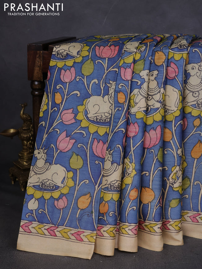 Pure tussar silk saree blue and beige with allover pen kalamkari prints and printed border