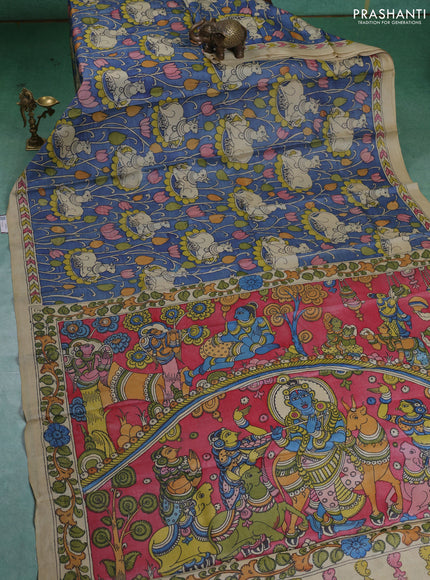 Pure tussar silk saree blue and beige with allover pen kalamkari prints and printed border
