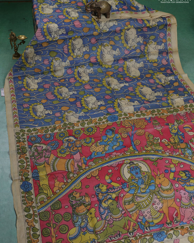 Pure tussar silk saree blue and beige with allover pen kalamkari prints and printed border