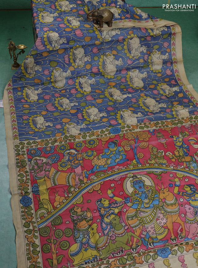Pure tussar silk saree blue and beige with allover pen kalamkari prints and printed border