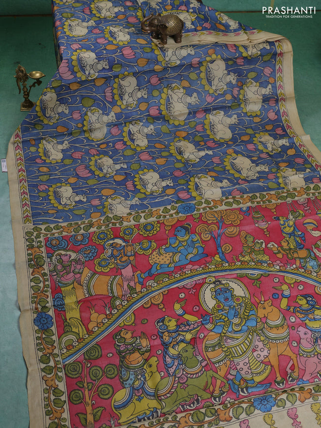 Pure tussar silk saree blue and beige with allover pen kalamkari prints and printed border