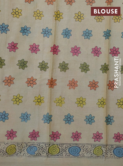Pure tussar silk saree pale orange and beige with allover pen kalamkari prints and printed border