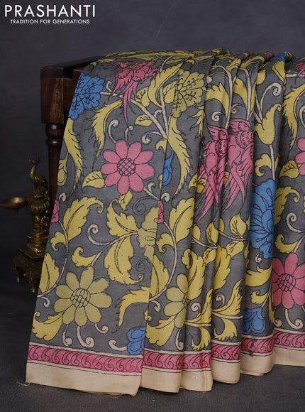 Pure tussar silk saree grey and beige with allover pen kalamkari prints and printed border
