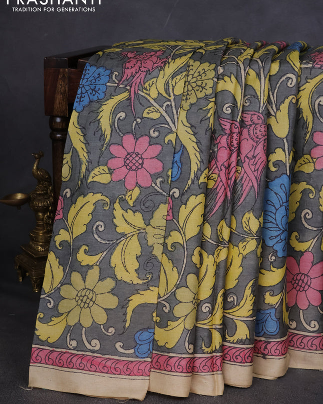 Pure tussar silk saree grey and beige with allover pen kalamkari prints and printed border