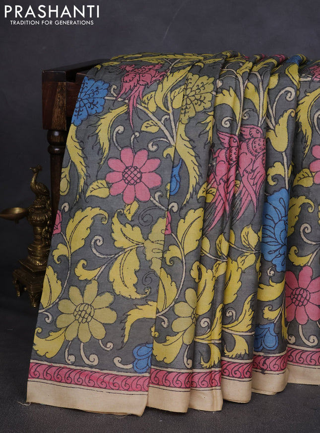 Pure tussar silk saree grey and beige with allover pen kalamkari prints and printed border