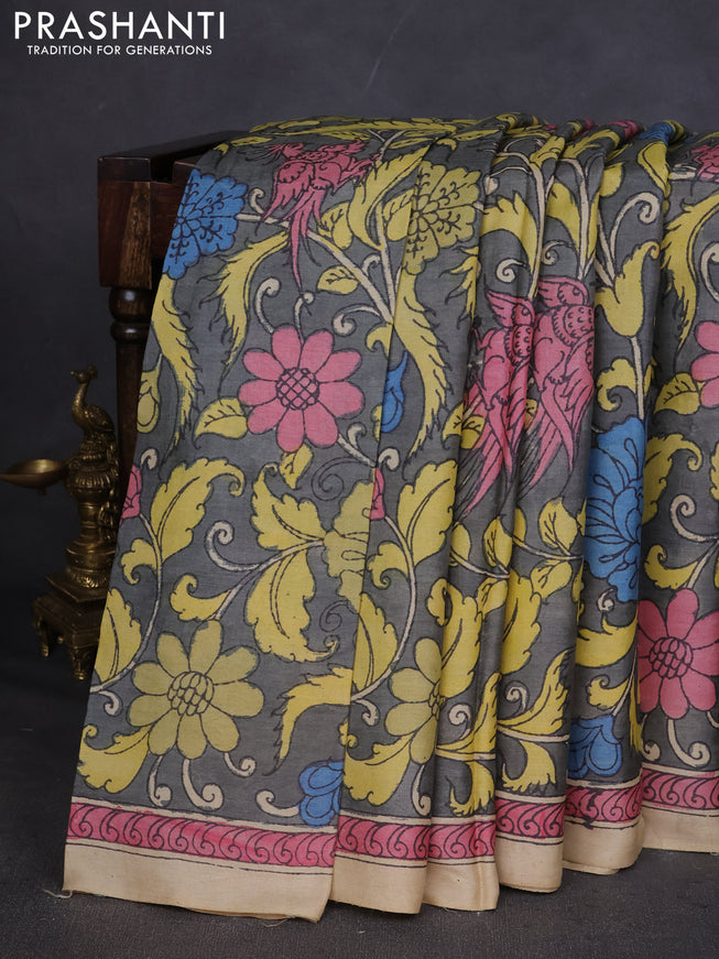 Pure tussar silk saree grey and beige with allover pen kalamkari prints and printed border