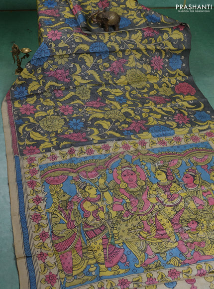 Pure tussar silk saree grey and beige with allover pen kalamkari prints and printed border