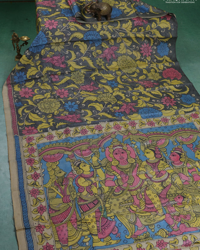 Pure tussar silk saree grey and beige with allover pen kalamkari prints and printed border
