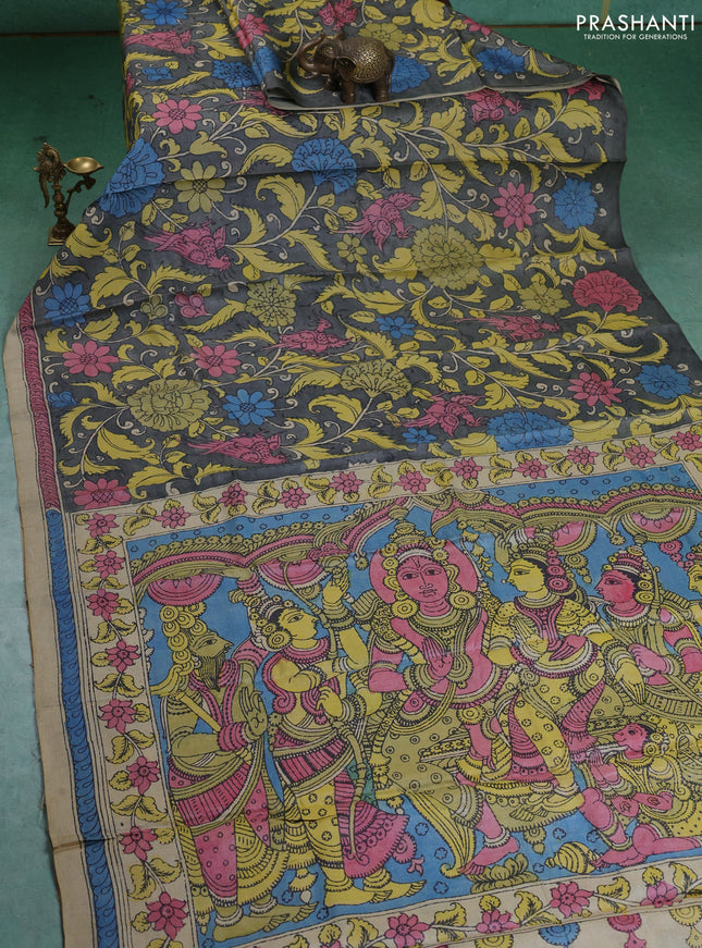 Pure tussar silk saree grey and beige with allover pen kalamkari prints and printed border