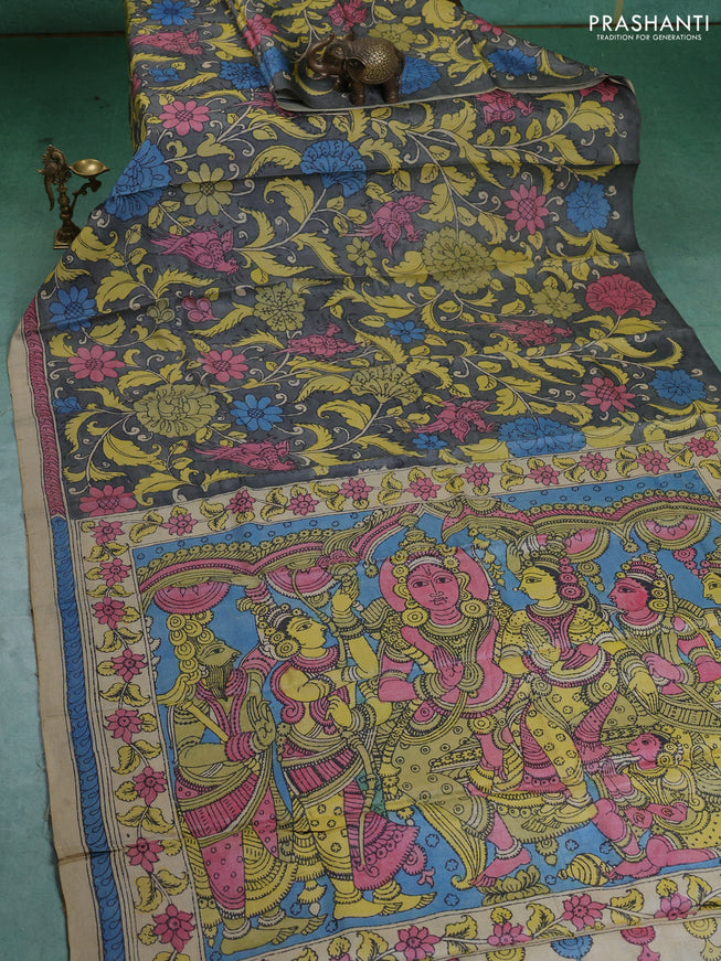 Pure tussar silk saree grey and beige with allover pen kalamkari prints and printed border