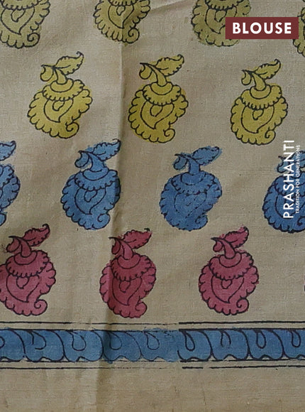 Pure tussar silk saree grey and beige with allover pen kalamkari prints and printed border