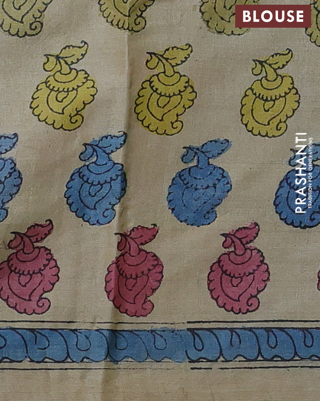 Pure tussar silk saree grey and beige with allover pen kalamkari prints and printed border