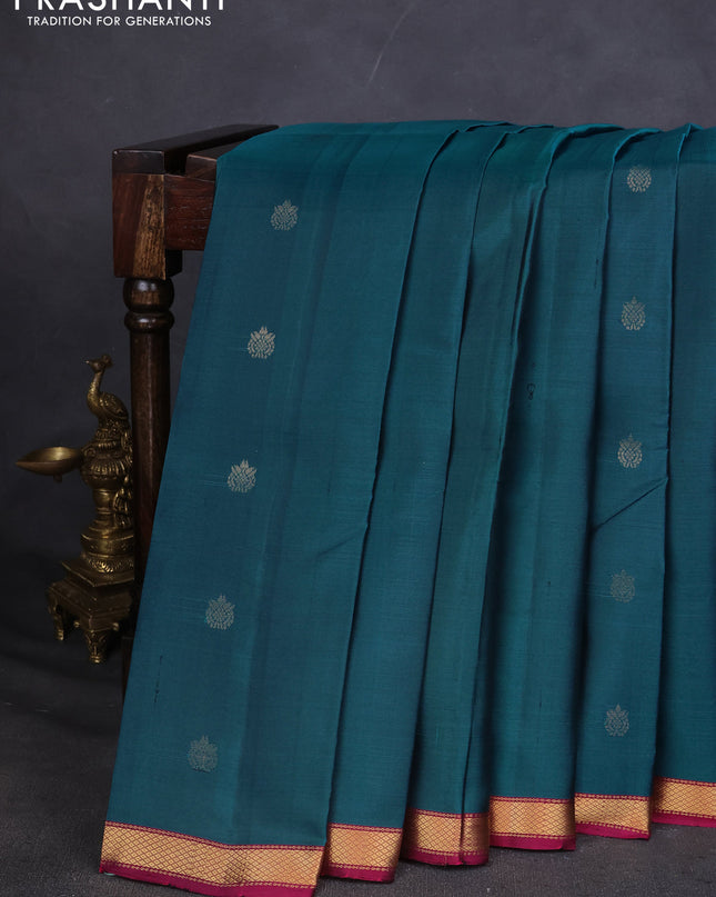 Pure Soft silk saree peacock blue and magenta pink with zari woven buttas and zari woven border