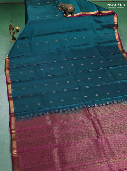 Pure Soft silk saree peacock blue and magenta pink with zari woven buttas and zari woven border
