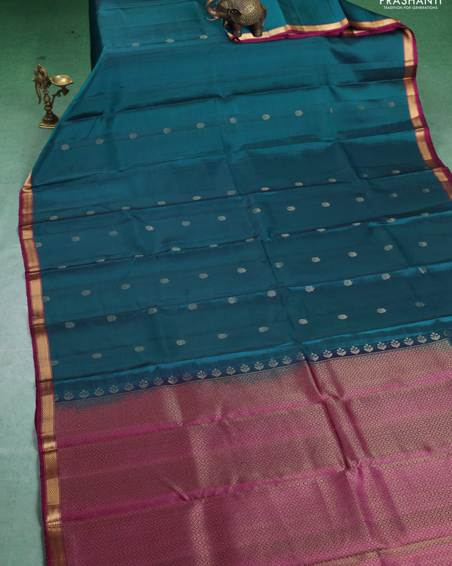 Pure Soft silk saree peacock blue and magenta pink with zari woven buttas and zari woven border