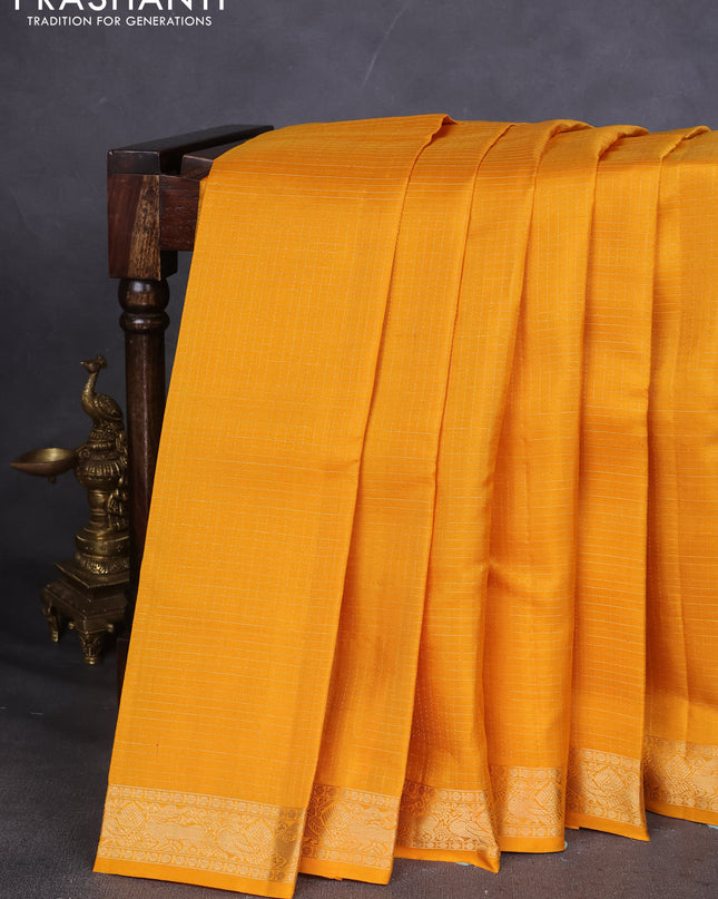 Pure Soft silk saree mustard yellow with allover zari checked pattern and annam zari woven border
