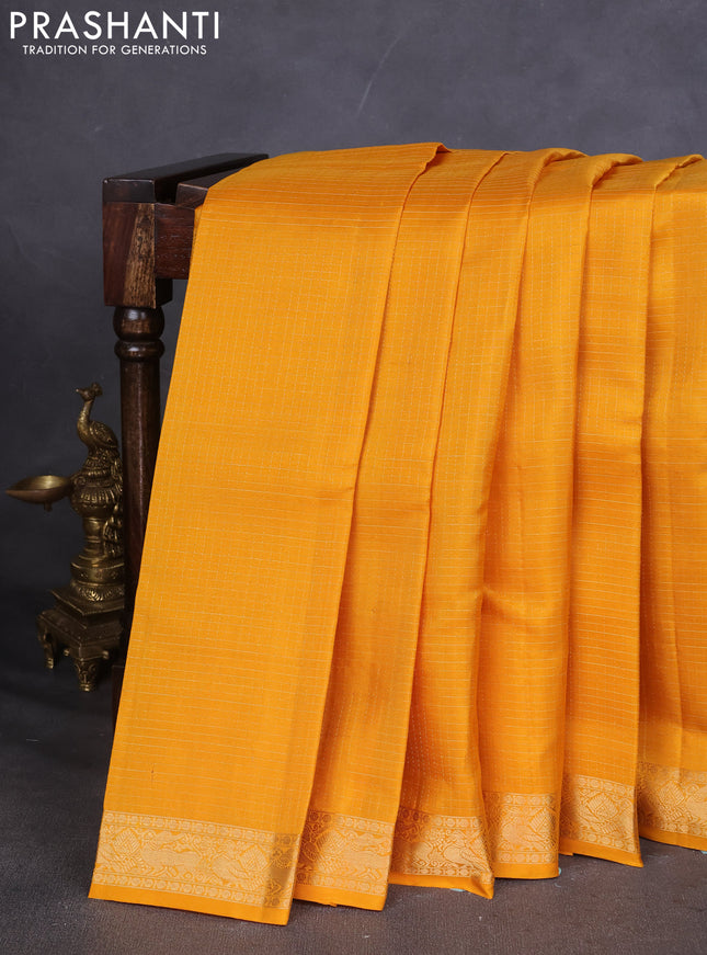 Pure Soft silk saree mustard yellow with allover zari checked pattern and annam zari woven border