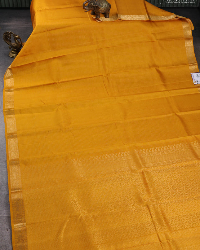 Pure Soft silk saree mustard yellow with allover zari checked pattern and annam zari woven border