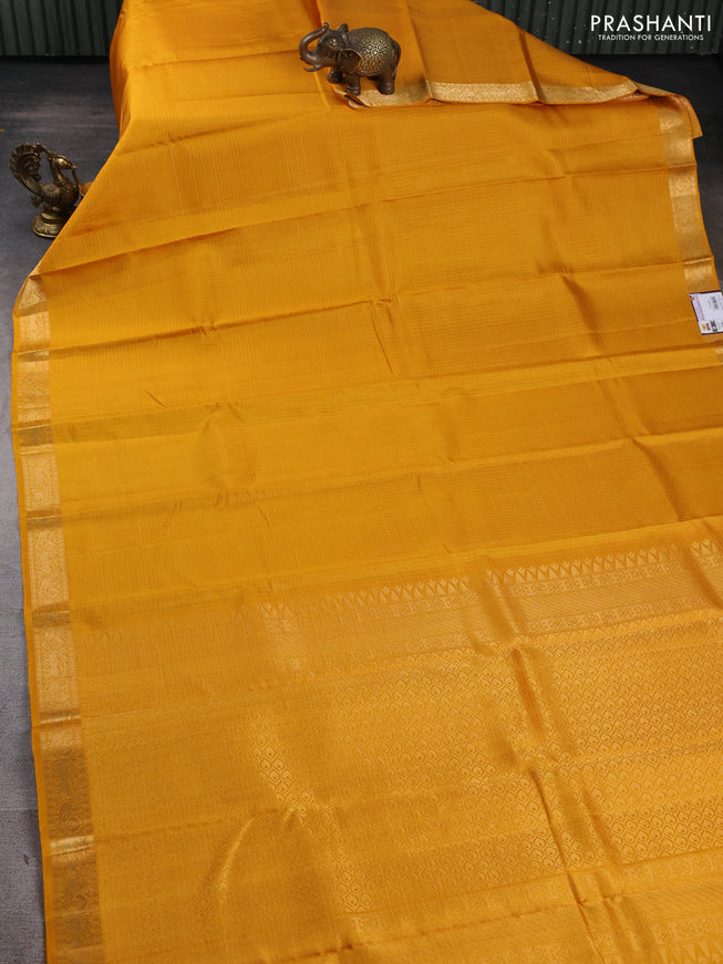 Pure Soft silk saree mustard yellow with allover zari checked pattern and annam zari woven border