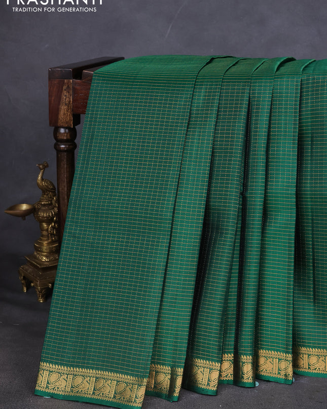 Pure Soft silk saree green with allover zari checked pattern and annam zari woven border