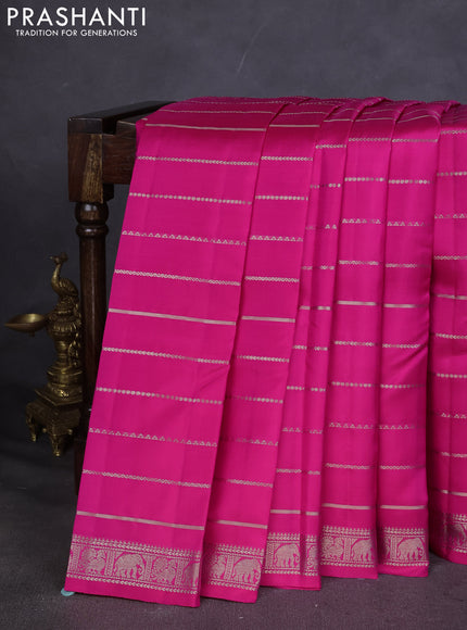 Pure Soft silk saree rani pink with allover silver zari stripes pattern and silver zari woven border