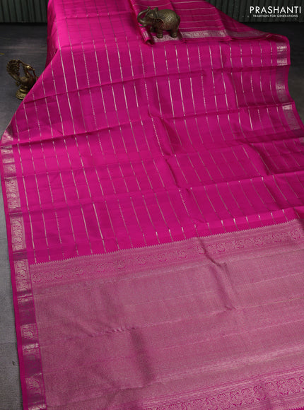 Pure Soft silk saree rani pink with allover silver zari stripes pattern and silver zari woven border