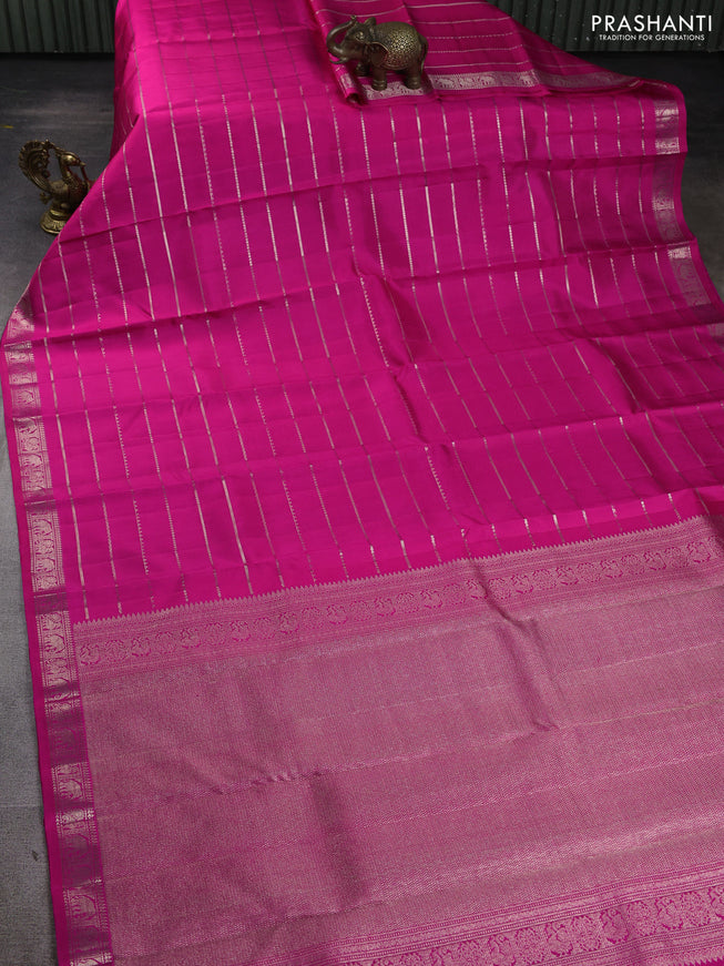 Pure Soft silk saree rani pink with allover silver zari stripes pattern and silver zari woven border