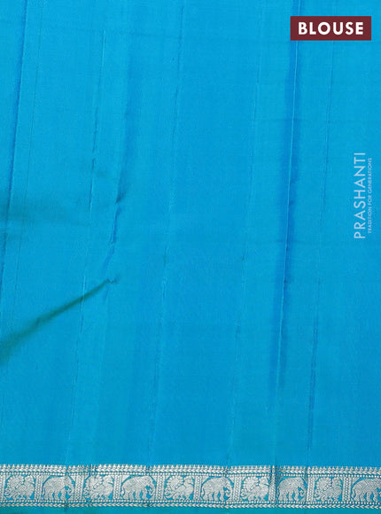 Pure Soft silk saree teal blue with allover silver zari stripes pattern and silver zari woven border