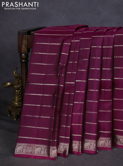 Pure Soft silk saree magenta pink with allover silver zari stripes pattern and silver zari woven border