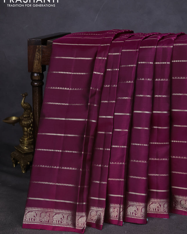 Pure Soft silk saree magenta pink with allover silver zari stripes pattern and silver zari woven border