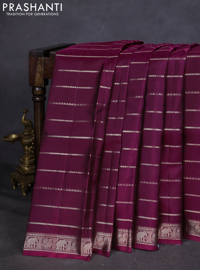 Pure Soft silk saree magenta pink with allover silver zari stripes pattern and silver zari woven border