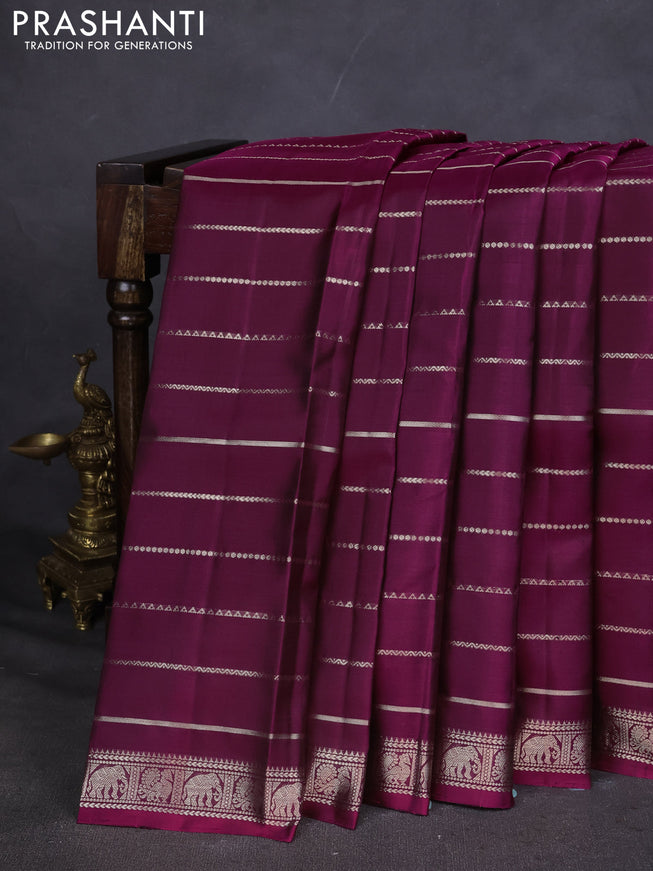 Pure Soft silk saree magenta pink with allover silver zari stripes pattern and silver zari woven border