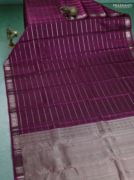 Pure Soft silk saree magenta pink with allover silver zari stripes pattern and silver zari woven border