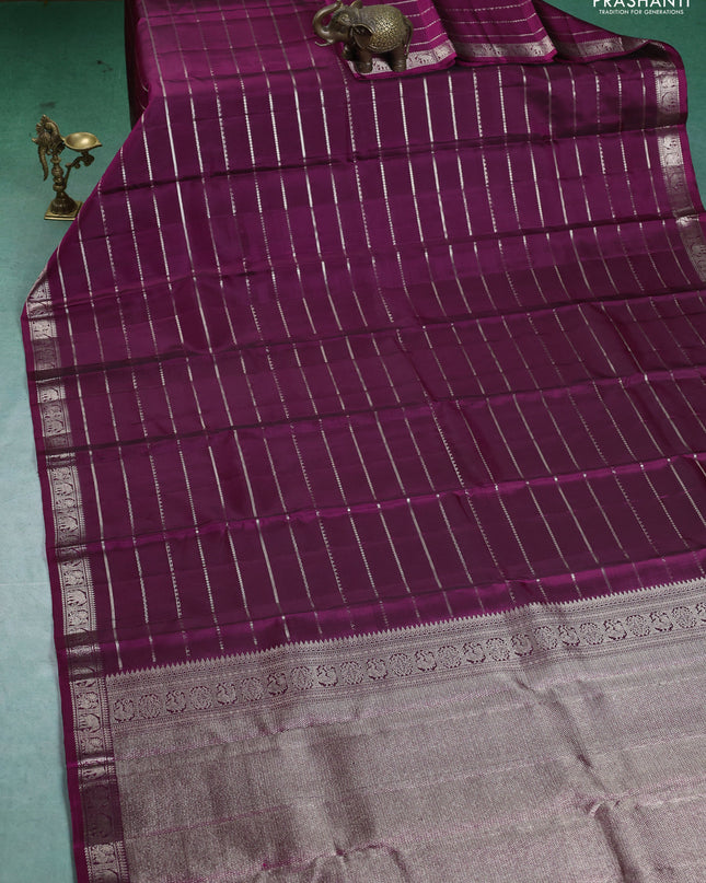 Pure Soft silk saree magenta pink with allover silver zari stripes pattern and silver zari woven border