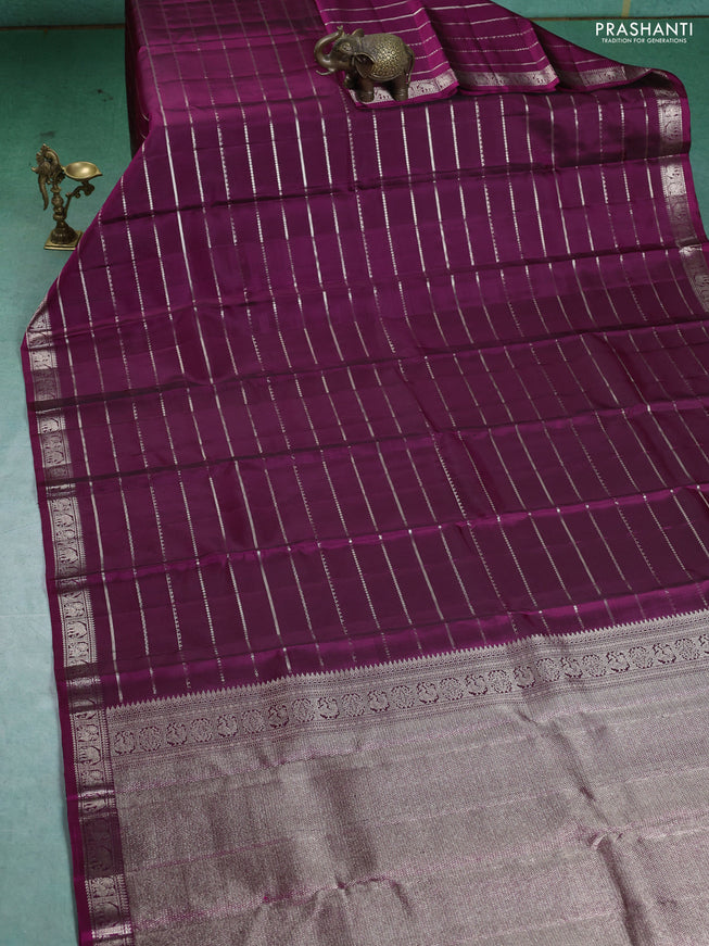 Pure Soft silk saree magenta pink with allover silver zari stripes pattern and silver zari woven border